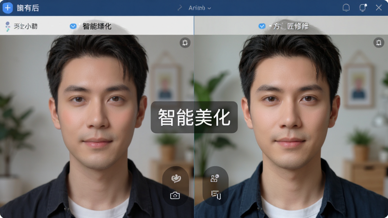 主体为方小匠软件界面截图,展示一键美化前后对比效果,布局左右分屏,左侧原图右侧精修图,排版对称,风格写实,细节展示人物面部磨皮与背景虚化效果,文字标注“智能美化”,画质高清,干净,无水印