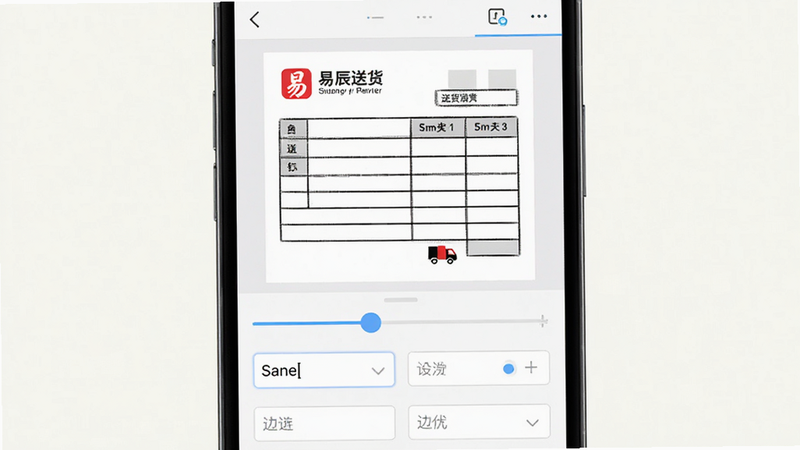 易辰送货单打印软件模板设置界面预览,手机屏幕显示模板编辑页,上方展示一个带有红色Logo和黑色表格线的送货单预览图,下方是滑块和输入框,用于调整字体和边距,界面整洁,UI设计扁平化,高清渲染,明亮光线,无杂乱元素