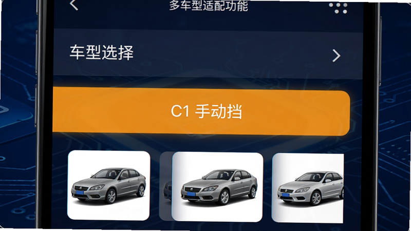 手机设置界面,列表中有“车型选择”选项,高亮显示“C1 手动挡”,下方有车型缩略图,背景为深蓝色科技风,文字清晰,体现多车型适配功能