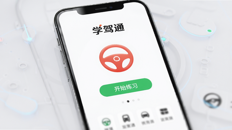 一张展示智能手机屏幕界面的图片,屏幕中央显示“学驾通”APP启动页,背景为简洁的白色,中间有一个红色的方向盘图标和绿色的“开始练习”按钮,界面下方有模糊的菜单选项,整体风格现代、科技感强,高清渲染,无多余元素