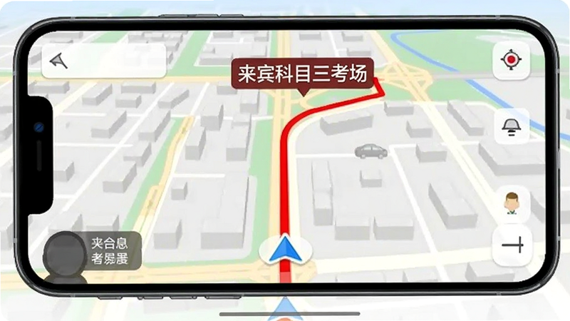 手机地图上显示一条红色的模拟驾驶路线,标注有“来宾科目三考场”,地图背景为城市街道,界面简洁,突出线路导航功能