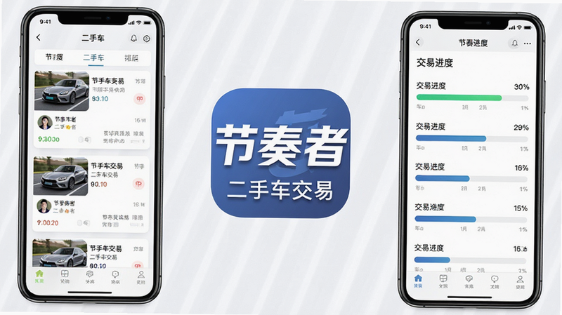 主体为节奏者APP界面全景图,布局清晰,左侧展示二手车列表,右侧显示交易进度条,中间突出“节奏者”品牌Logo,风格现代简约,细节丰富,画质高清,干净,无多余元素,文字包含