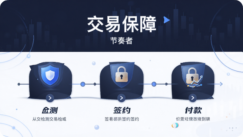 主体为节奏者APP的交易保障流程界面,布局为时间轴形式,展示从检测、签约到付款的步骤,风格稳重可信,细节处有盾牌图标和安全锁图标,画质清晰,干净,无多余元素,文字包含