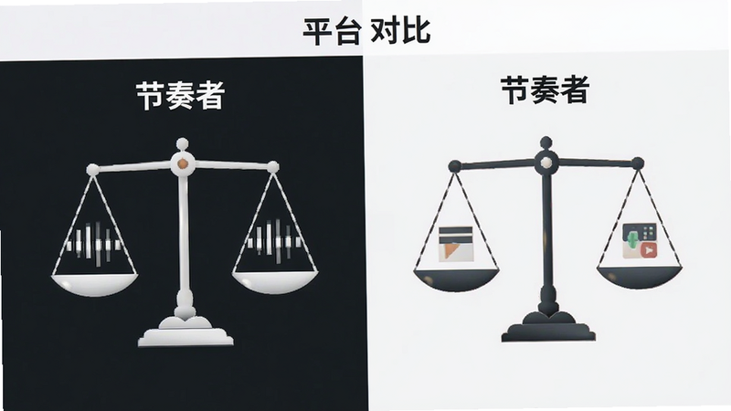 主体为节奏者与竞品平台的对比分析图,布局为左右分栏,左侧展示节奏者的优势点,右侧展示竞品特点,风格客观中立,细节处有天平图标表示对比,画质清晰,干净,无多余元素,文字包含