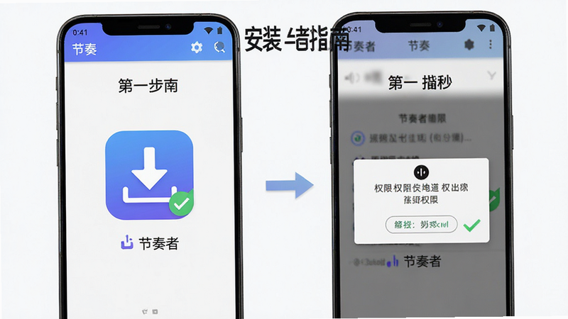 主体为节奏者APP在安卓手机上的安装与设置界面,布局为分步教程图,第一步显示下载图标,第二步显示权限弹窗,风格简洁明了,细节处有对勾表示成功,画质高清,干净,无多余元素,文字包含