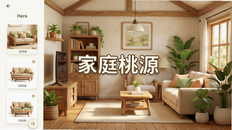 一张展示家庭桃源应用整体界面的概念图,主体为温馨明亮的田园风格客厅,布局整洁有序,左侧显示家具选择栏,右侧展示已布置好的沙发和绿植,风格为清新治愈系3D渲染,细节丰富,画质高清,干净无多余元素,画面中央有“家庭桃源”字样