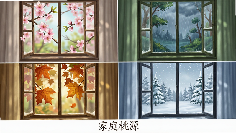 家庭桃源应用中的四季变换场景预览,主体为窗外四季景色对比,布局分为四个象限分别展示春樱、夏雨、秋叶、冬雪,排版对称平衡,风格为写实插画风,细节描绘树叶纹理和光影变化,画质细腻,干净,无多余元素,画面下方标注“家庭桃源”