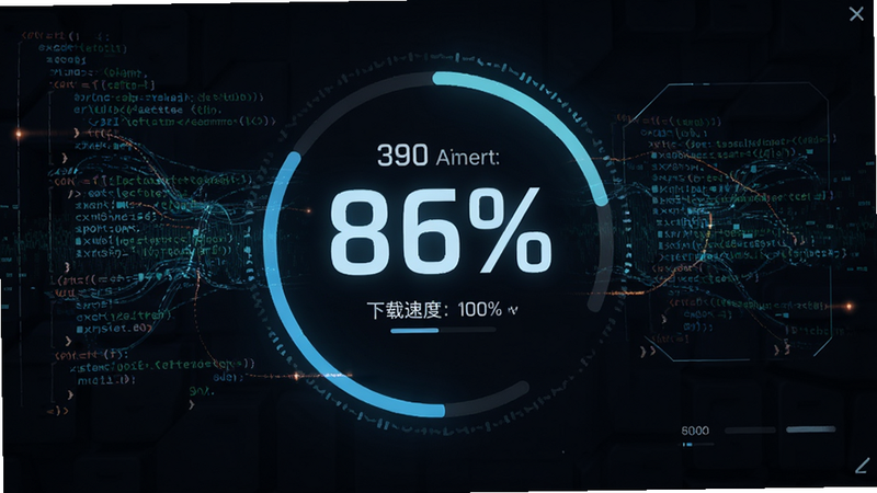 主体为固件升级进度界面,布局中心显示大大的升级百分比,周围环绕着代码流特效,排版聚焦,风格未来感,细节包含下载速度显示,画质清晰,干净,无多余元素
