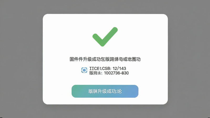 主体为固件升级成功提示弹窗,布局居中,显示绿色对勾图标,排版简洁,风格友好,细节包含版本号信息,画质高清,干净,无多余元素