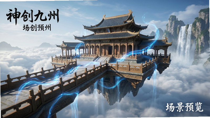 主体为《神创九州》中的仙侠场景,布局展示一座悬浮在云海之上的宏伟宫殿,排版开阔大气,风格为写实与幻想结合,细节包含流动的蓝色灵气、精细的雕花栏杆和远处的瀑布,画质超清,干净,无多余元素,文字显示