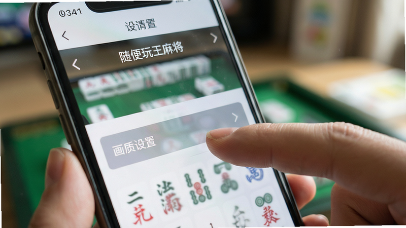 手机屏幕特写,显示“随便玩王麻将”的设置界面,手指正在点击“画质设置”选项,背景虚化,突出操作细节,风格写实,光线自然,画质清晰,无多余水印或文字干扰,体现移动端操作的便捷性。