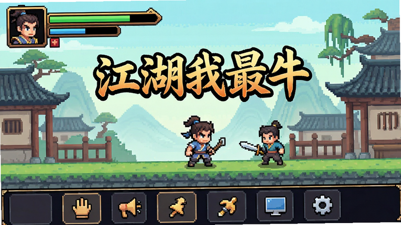 主体为《江湖我最牛》游戏主界面截图,布局居中,顶部显示角色状态栏,底部为功能菜单,风格为清新古风像素风,细节丰富,画质高清,干净无多余元素,文字标注