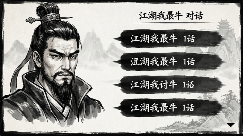 主体为游戏对话界面特写,左侧显示NPC头像,右侧为多选项文字气泡,布局清晰,风格为水墨画风格,细节精致,画质锐利,文字标注