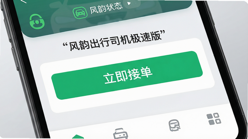 主体为智能手机屏幕特写,显示“风韵出行司机极速版”应用界面,布局简洁,顶部显示当前状态,中部为醒目的“立即接单”按钮,底部为简洁的导航栏,背景为浅灰色渐变,风格现代扁平化,细节清晰,高清画质,无多余元素,文字“风韵出行司机极速版”加引号