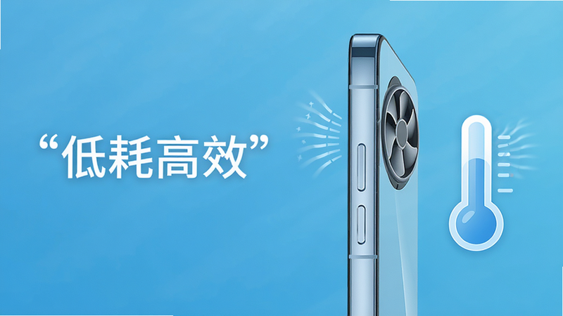 主体为一部手机侧视图,旁边有一个温度计图标显示低温状态,背景为清凉的蓝色调,布局左侧文字右侧图形,排版平衡,风格清新简约,细节展示散热风扇的抽象符号,高清画质,无多余装饰,文字“低耗高效”加引号