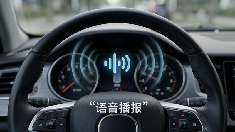 主体为方向盘前方视角,中间悬浮着一个声波图标,声波向外扩散,布局中心对称,排版简洁,风格写实与科技结合,细节展现车内仪表盘的光影,高清画质,背景虚化,无多余元素,文字“语音播报”加引号