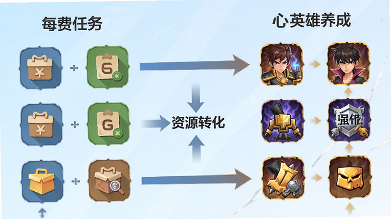 斗破:莫欺少年穷0氪金玩法示意图,主体为资源流向图,左侧为免费任务图标,右侧为核心英雄养成图标,中间用箭头连接,背景为淡蓝色渐变,文字标注“每日任务”、“资源转化”、“英雄强化”,逻辑清晰,扁平化设计风格,高清矢量图