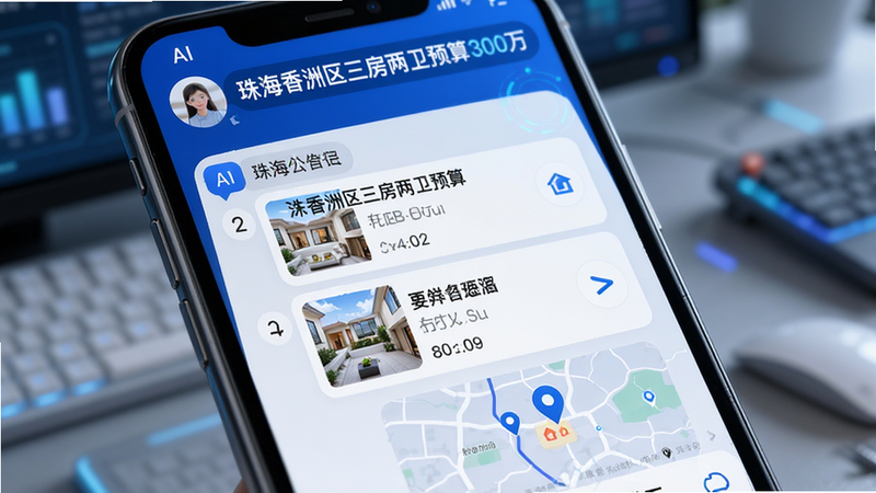 主体为AI对话界面特写,手机屏幕中显示用户询问
