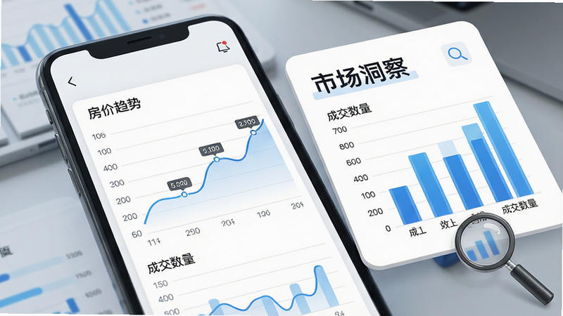 主体为数据图表界面,手机屏幕显示折线图展示房价趋势,柱状图展示成交数量,旁边有