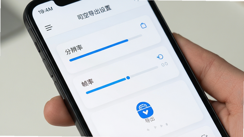 主体为手机屏幕显示司空导出设置界面,布局展示分辨率与帧率选项,排版简洁明了,风格为现代UI设计,细节包含进度条与保存图标,画质清晰,干净,无多余元素,文字显示