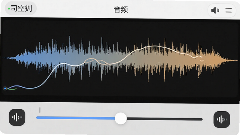 主体为司空APP音频编辑界面,布局显示音频波形图与调节滑块,排版清晰易读,风格为简约商务风,细节展示音量曲线与降噪图标,画质清晰,干净,无多余元素,文字显示