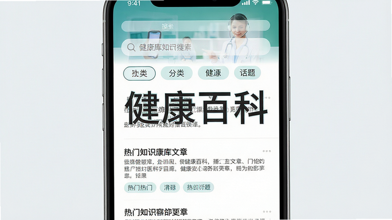 主体为手机屏幕,展示知识库文章列表,布局为分类标签加文章摘要,排版整齐规范,风格为简约医疗风,细节包含搜索框和热门话题标签,画质清晰,干净,无多余元素,文字“健康百科”突出
