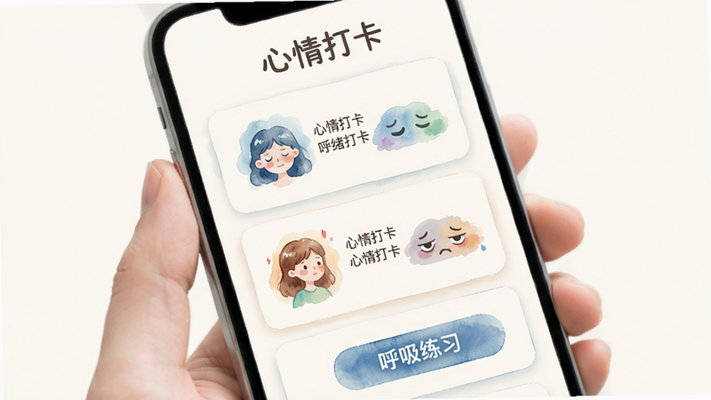 主体为手机界面,显示情绪日记页面,布局为卡片式列表,排版错落有致,风格为治愈水彩风,细节包含不同情绪对应的插画图标和呼吸练习按钮,画质柔和,干净,无多余元素,文字“心情打卡”清晰
