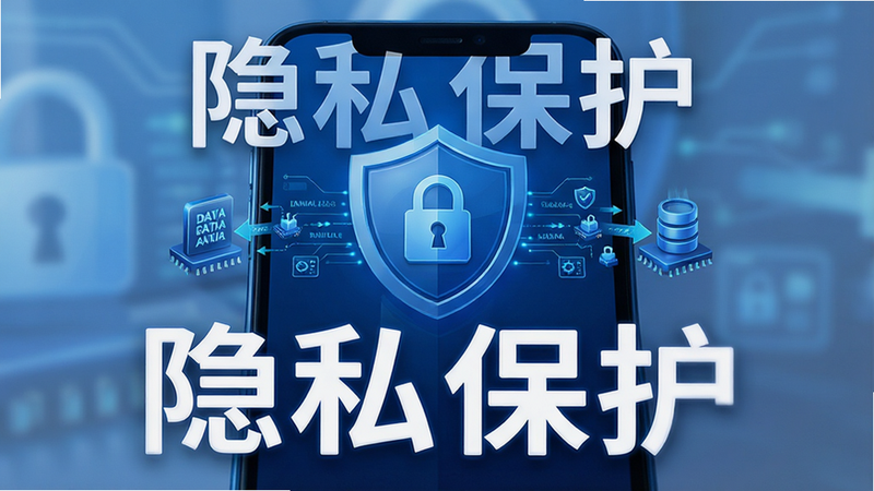 主体为手机屏幕,显示隐私安全盾牌图标,布局为中心对称,排版简洁有力,风格为安全感科技蓝,细节包含锁头图案和数据加密流程示意图,画质高清,干净,无多余元素,文字“隐私保护”醒目