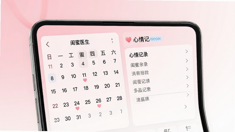 主体为手机屏幕界面,显示“闺蜜医生”APP首页,布局清晰,左侧为日历视图,右侧为心情记录区,排版简洁大方,风格为清新治愈系,细节包含柔和的粉色与白色渐变背景,画质高清,干净,无多余元素,文字“闺蜜医生”清晰可见