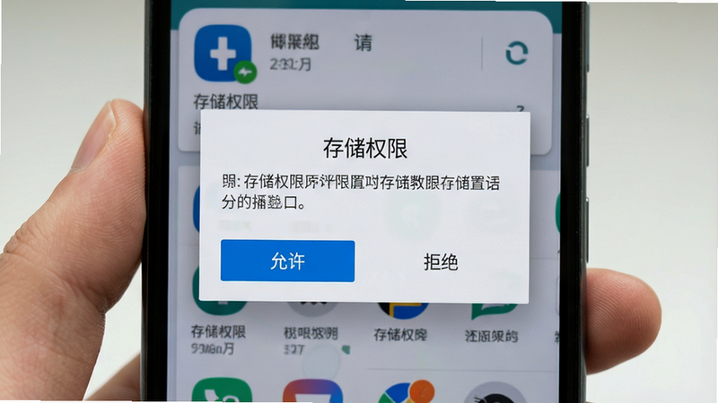 主体为手机操作界面,展示权限设置弹窗,布局为居中对话框,排版符合安卓设计规范,风格为系统原生UI,细节包含“允许”和“拒绝”按钮及说明文字,画质清晰,干净,无多余元素,文字“存储权限”清晰可见