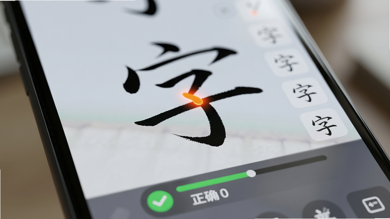 手机屏幕特写,显示汉字“字”的书写过程,第一笔点画被高亮显示,下方有进度条和“正确”的绿色提示图标,背景虚化,突出屏幕内容的清晰度与交互感,风格写实,光影自然,细节精致,无水印