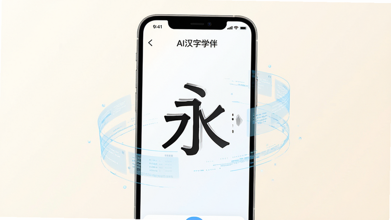 主体为一部现代智能手机,屏幕居中展示“AI汉字学伴”APP界面,背景为柔和的米白色渐变,界面设计极简且富有科技感,显示汉字“永”的分解动画,周围环绕着淡蓝色的数据流线条,象征AI技术支撑,整体风格清新、专业、高清,无多余元素,文字清晰可读,画质纯净