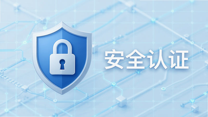 盾牌图标与锁头组合,象征数据安全,背景为淡蓝色科技网格,文字“安全认证”清晰可见,风格简约现代,无多余装饰,高清,专业感强