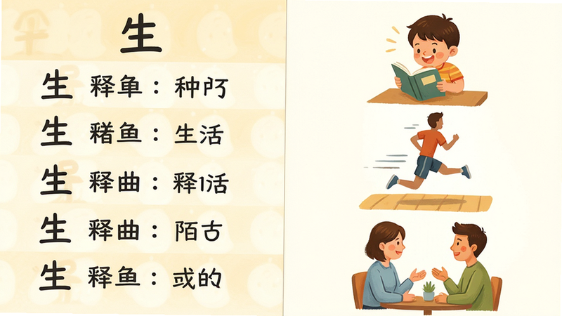 分屏布局,左侧显示汉字“生”的多种释义列表,右侧对应展示三个生活场景的小插图:一个孩子在读书(生动)、一个人在跑步(生活)、两个人在交谈(陌生),色彩明亮温馨,排版整齐,视觉引导性强,高清渲染,无杂乱背景