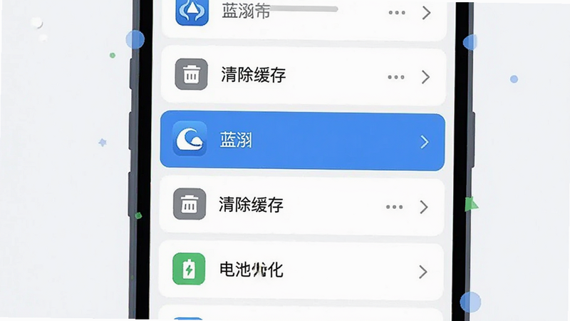 主体为手机设置界面的截图风格插画,布局为垂直列表,高亮显示“蓝泓”应用选项,风格为扁平化设计,细节包含“清除缓存”和“电池优化”图标,画质清晰,界面逻辑清晰,无杂乱背景