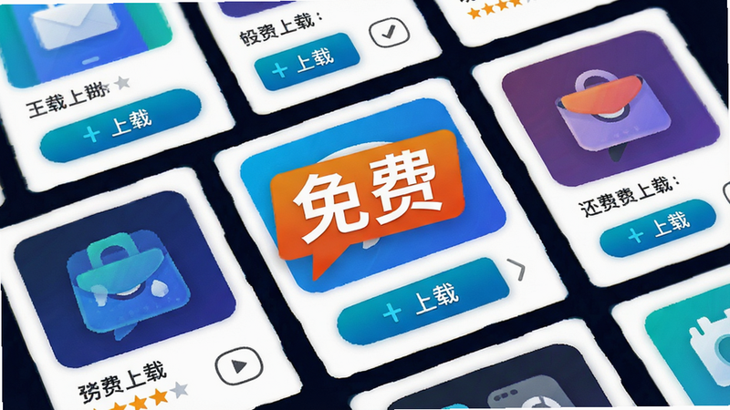 主体为手机应用商店界面,布局为卡片式展示,中央突出“免费”标签,风格为现代科技风,细节包含下载按钮和评分星级,画质高清,色彩明亮,无多余干扰元素