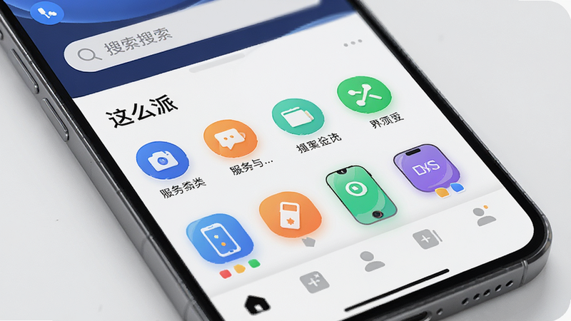 主体为智能手机屏幕特写,显示“这么派”APP界面,布局清晰,顶部为搜索栏,中部为服务分类图标,底部为导航栏,风格现代简约,细节包含高清图标与柔和阴影,画质4K,干净无多余元素