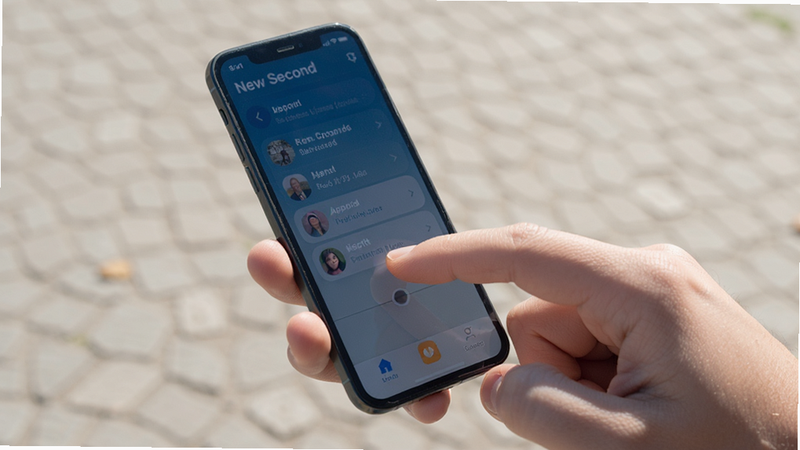 Hand holding smartphone displaying New Second app, finger tapping screen, outdoor daylight, clear visibility, realistic photo style, high detail, clean background, no text