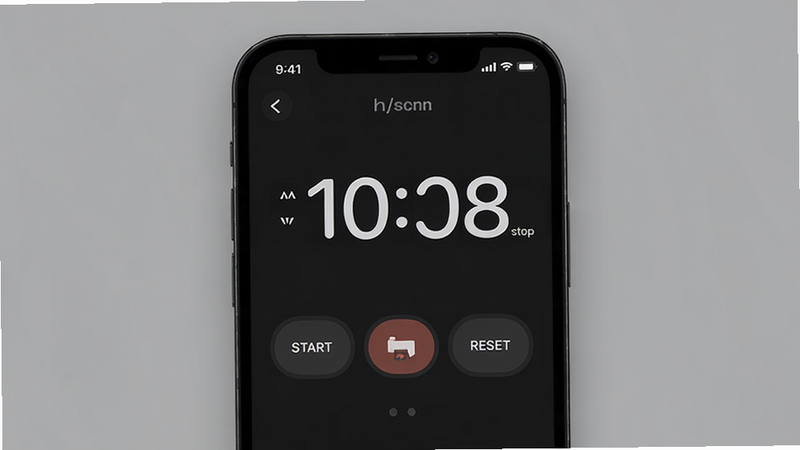 New Second app interface overview, clean minimalist design, central large digital timer display, start/stop/reset buttons, dark mode background, high definition, sharp edges, modern UI style, no text