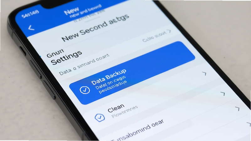Smartphone screen showing New Second settings menu, data backup option highlighted, clean interface, blue and white color scheme, high definition, no text
