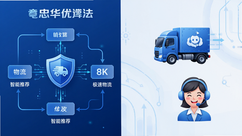主体为忠华优选APP特色功能展示图,布局分为左右两栏,左侧展示智能推荐算法流程图,右侧展示物流卡车与售后客服图标,排版对称平衡,风格为科技感商务蓝,细节包含数据流线条、盾牌防护标志、微笑客服头像,画质清晰,干净,无多余元素,文字显示