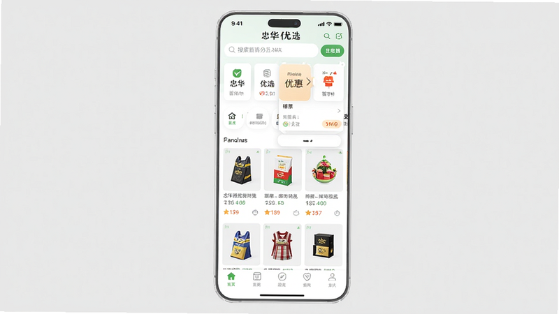 主体为忠华优选APP界面全景图,布局清晰展示首页分类、精选商品瀑布流、底部导航栏,排版简洁现代,风格为清新电商风,细节包含搜索框、优惠券弹窗、商品卡片,画质高清,干净,无多余元素,文字显示