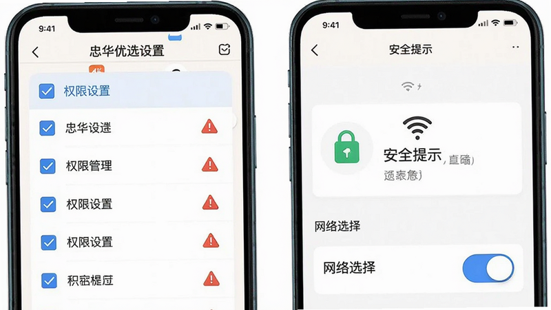 主体为忠华优选APP新手设置界面,布局展示权限管理列表、安全提示图标、网络选择开关,排版纵向排列,风格为扁平化UI,细节包含勾选框、警告三角标志、Wi-Fi信号图标,画质清晰,干净,无多余元素,文字显示