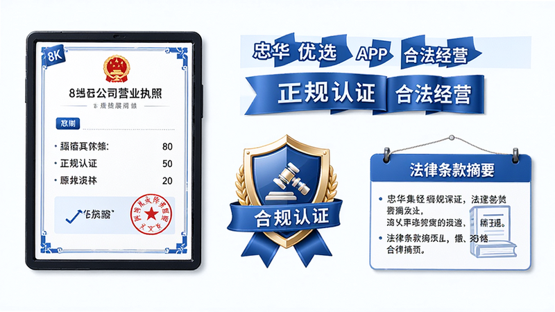 主体为忠华优选APP合规性展示图,布局包含公司营业执照框、合规认证徽章、法律条款摘要,排版稳重正式,风格为商务蓝白色调,细节包含公章图案、盾牌防护标志、法典图标,画质高清,干净,无多余元素,文字显示