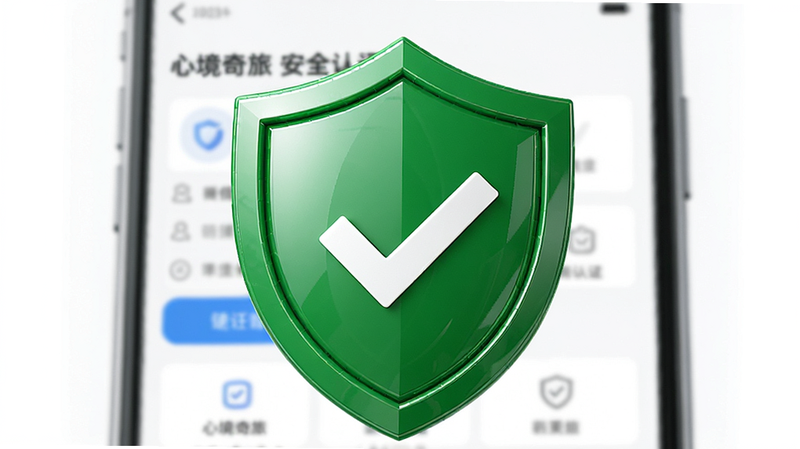 Boogu-Image, 主体为一个绿色的安全盾牌,中间有一个白色的对勾,背景是模糊的手机界面,布局为中心突出盾牌,排版简洁,风格为信任感强的商务风,细节展示盾牌的光泽感,画质高清,干净,无多余元素,文字包含“心境奇旅 安全认证”