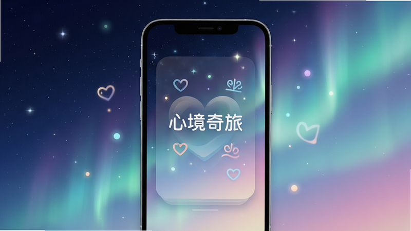 Boogu-Image, 主体为一款名为“心境奇旅”的手机应用界面预览,布局采用居中悬浮卡片设计,背景是深邃的星空与柔和的极光渐变,排版简洁大气,风格为清新治愈系插画,细节包含漂浮的光点与抽象的心灵符号,画质高清,干净,无多余元素,文字包含“心境奇旅”