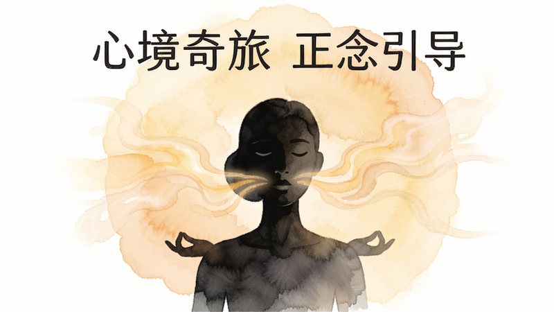 Boogu-Image, 主体为闭眼冥想的人物剪影,背景是柔和的暖色光晕,布局为极简主义,人物位于画面中心,排版留白充足,风格为柔和水彩风,细节表现呼吸时的光影流动,画质柔和,干净,无多余元素,文字包含“心境奇旅 正念引导”