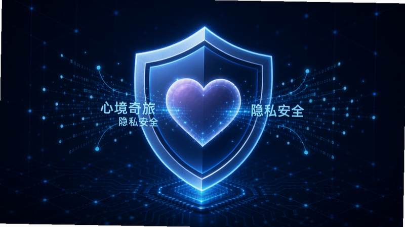 Boogu-Image, 主体为一个发光的盾牌图标保护着一个心形图案,背景为深蓝色科技感网格,布局为中心对称,盾牌居中,心形在盾牌内,排版严谨有序,风格为现代科技安全风,细节展示数据流被盾牌阻挡,画质清晰,干净,无多余元素,文字包含“心境奇旅 隐私安全”