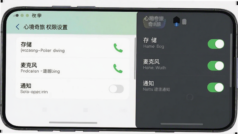 Boogu-Image, 主体为手机设置界面截图,显示“心境奇旅”的权限管理列表,布局为右侧滑动条,权限项包括存储、麦克风、通知,排版清晰易读,风格为扁平化UI设计,细节展示开关状态,画质清晰,干净,无多余元素,文字包含“心境奇旅 权限设置”