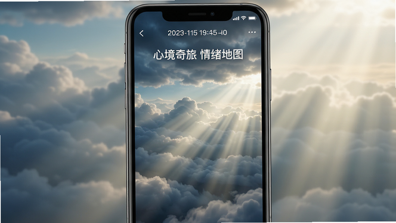 Boogu-Image, 主体为手机屏幕显示的情绪地图界面,布局为全屏沉浸式视图,顶部有日期和时间,中间是动态变化的云层与光线效果,排版无多余UI元素,风格为梦幻写实结合,细节展示光线穿透云层的体积感,画质细腻,干净,无多余元素,文字包含“心境奇旅 情绪地图”